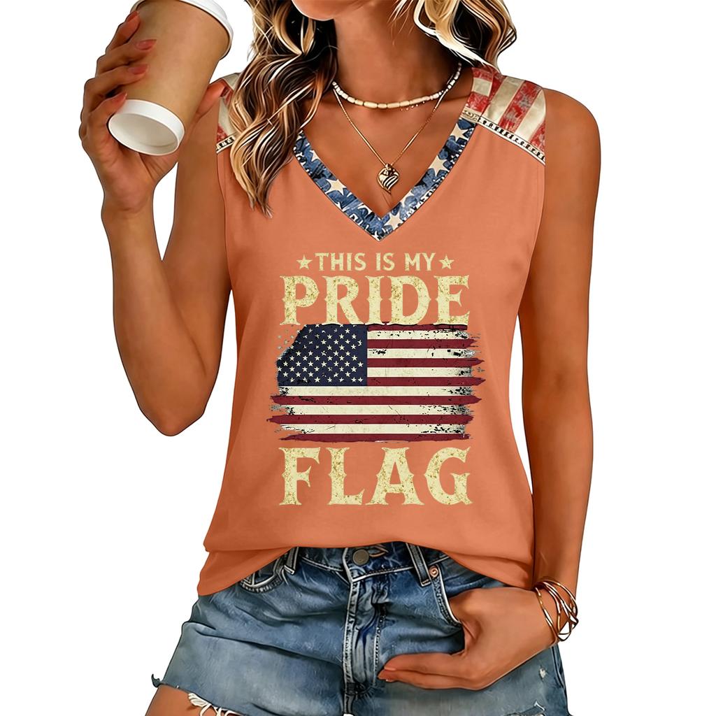 Women V Neck Casual Letter Print Short Sleeve T Shirt Top with Flag Graphic Comfortable Loose Fit Tee Shirt for Daily Wear
