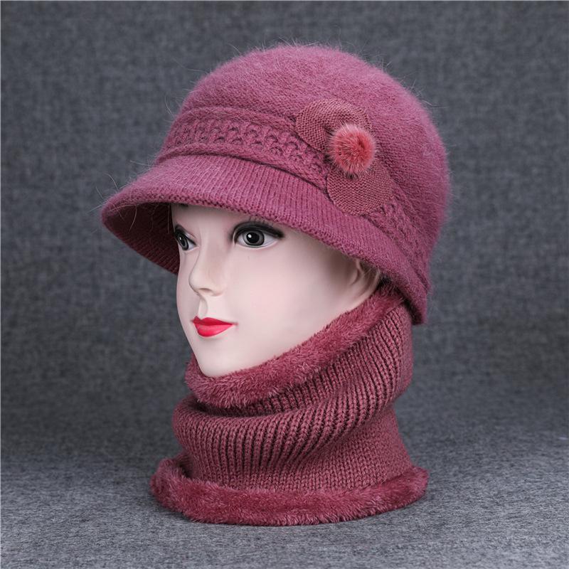 Ji Middle-Aged And Elderly Women'S Basin Hat Grandma Knitted Wool Hat Old Man Hat Rabbit Fur Flower Mother Hat Scarf