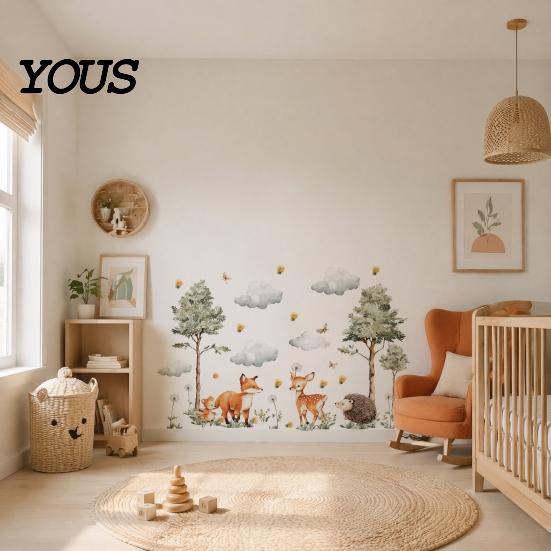 Waterproof Wall Decoration for Bathroom Glass Watercolor Forest Animals Stickers, Cute Fox Deer Hedgehog PVC Decals, Versatile Decor Party Settings