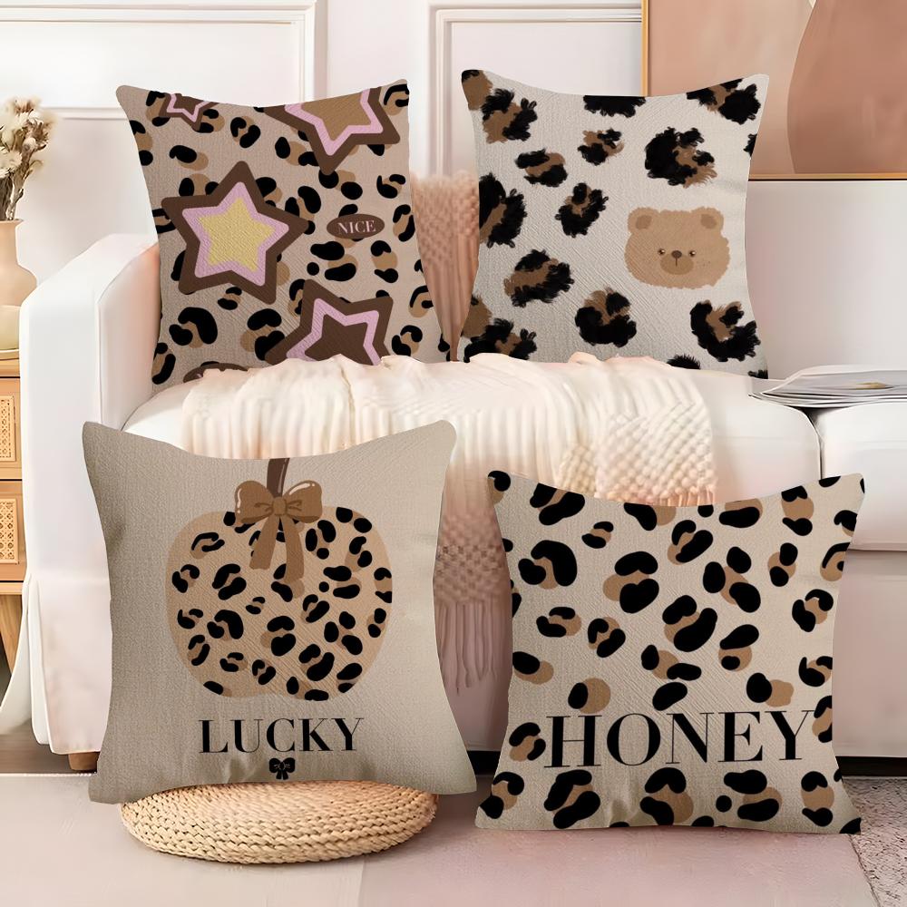 Brown Leopard Print Design Cushion Cover Natural Linen Organic Fabric DoubleSided Printing Sofa Home Decor Breathable