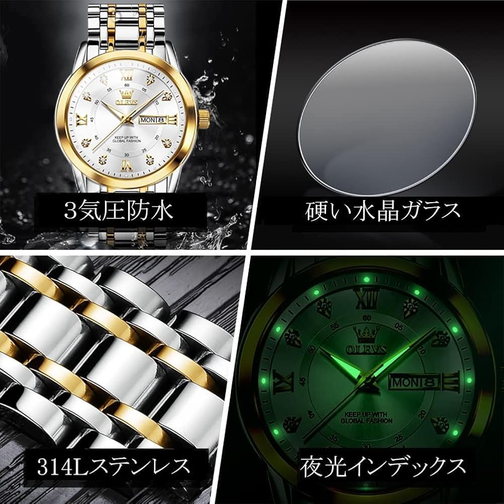 OLEVS Men's Silver Quartz Watch with Calendar, Waterproof, Stainless Steel, Gold & White