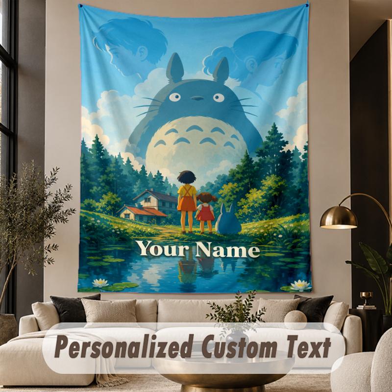 Custom Text Printed Tapestry My Neighbor Totoro Pattern Large Wall Hanging Indoor Room Decor