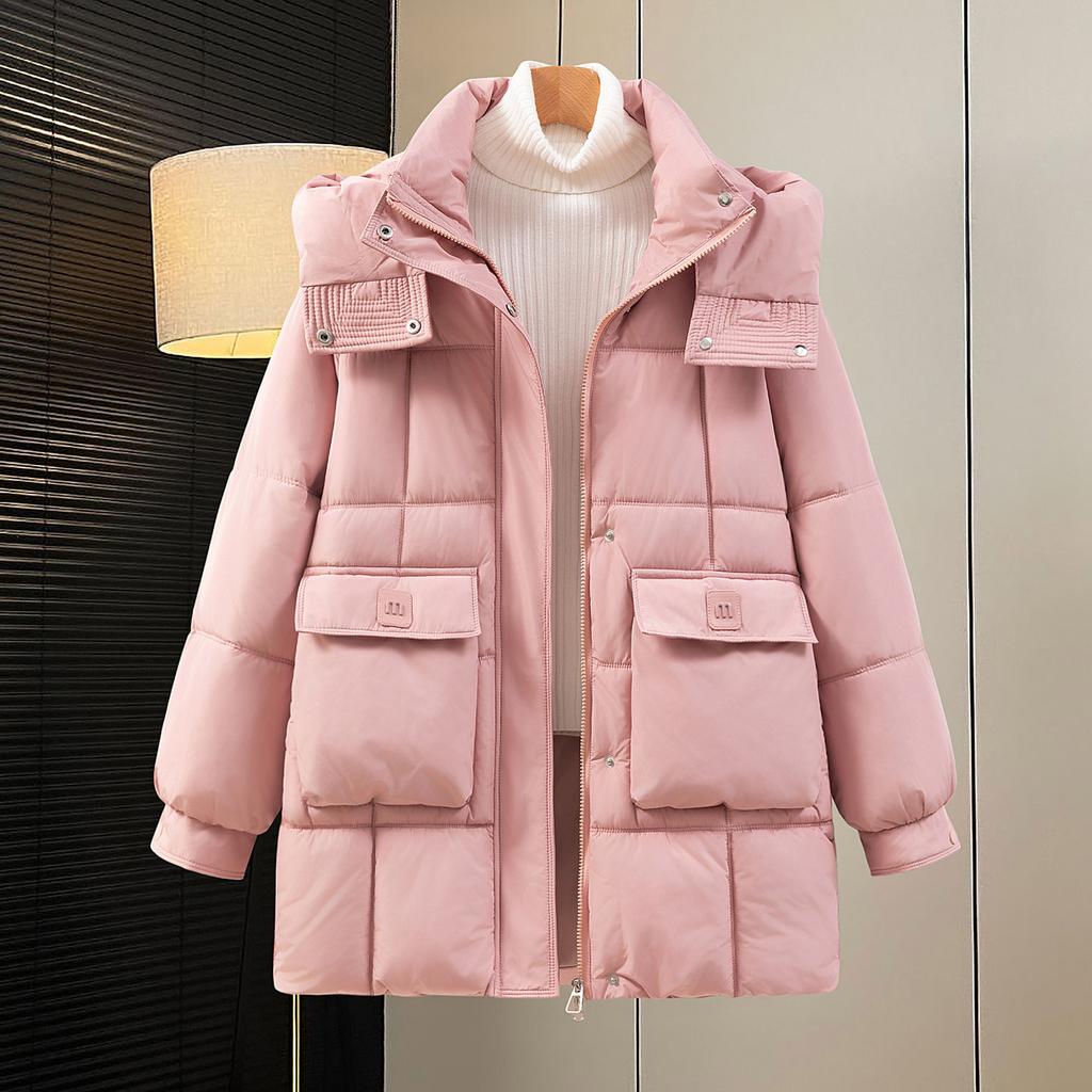 Mid-length Cotton Coat Women's Loose Removable Hat Cotton Coat New Winter Solid Color Warm Women's Jacket