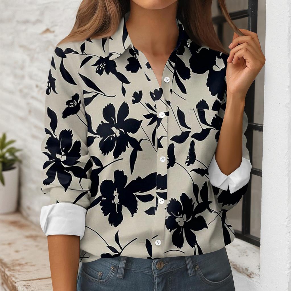 Women's Button Down Prints Shirt Long Sleeve Shirt Business Work Tops Casual With Pockets Jacket