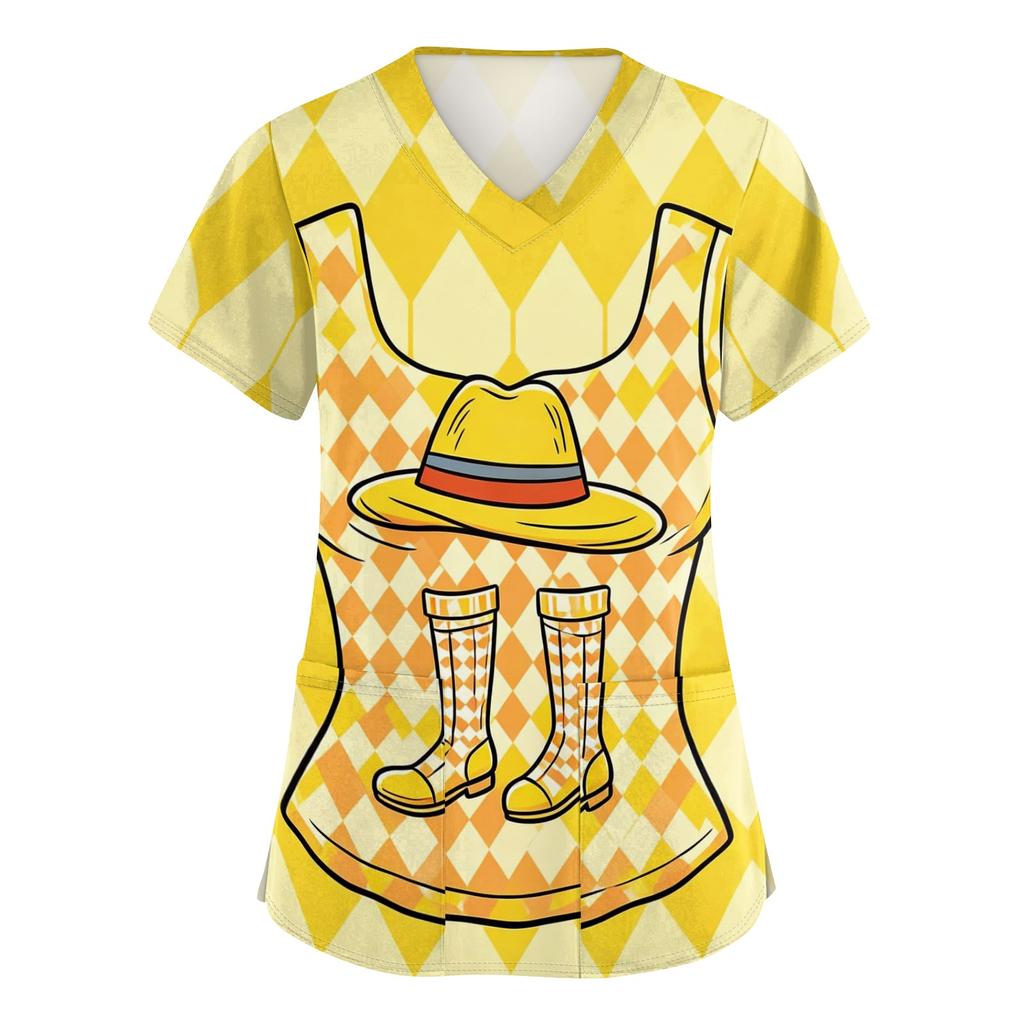 Women's V Neck Short Sleeve Work Shirt with Pockets Oktoberfest Print Nursing Scrub Top Comfortable Fit Lightweight Fabric