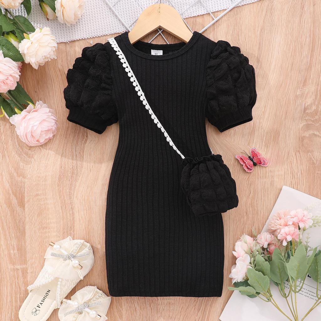 Kids' Lightweight Bubble Dress: Short Sleeve, Round Neck, Solid Color with Bubble Pockets