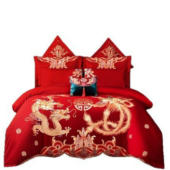 Luksusowy zestaw pościeli ślubnej z haftowanymi Smokiem i Feniksem - 4-częściowa, świąteczna, czerwona kołdra dla nowożeńców