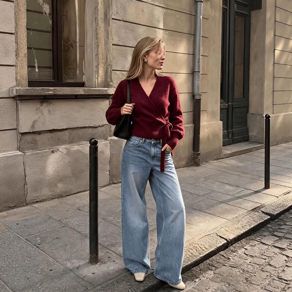 Women's V-Neck Tie-Up Knit Crossover Top