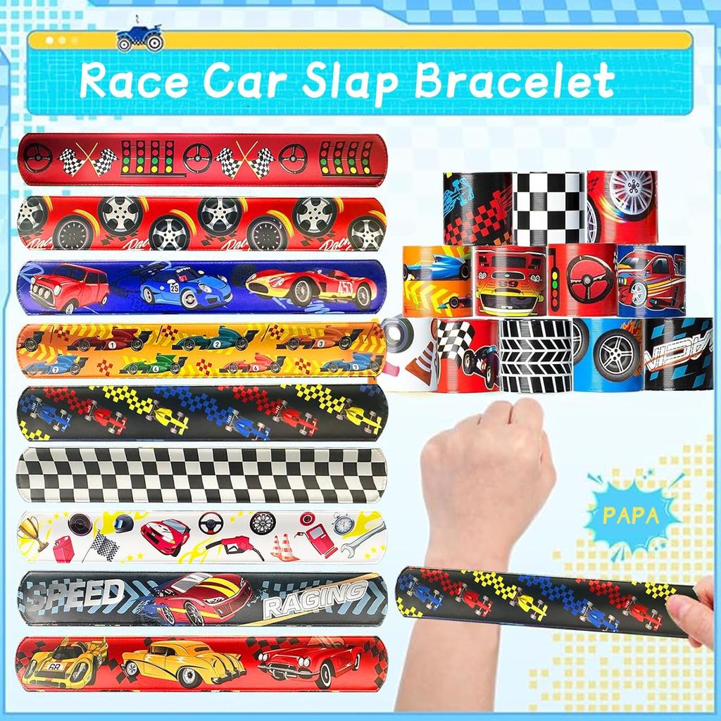 24 Pcs Race Car Party Decorations Favors Racing Bracelet Racing Wristbands Bracelet Checkered Slap Bracelets Dirt Bike Task Game Decorations Car