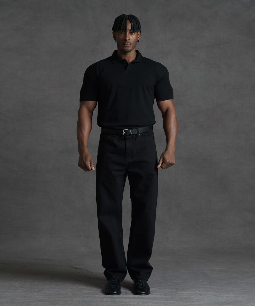 PHERMENON Muscle Fit Lettering Plain Collared T-Shirt - Black