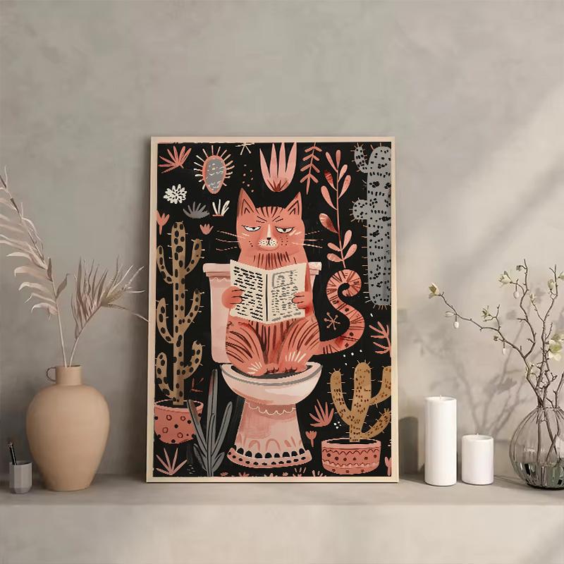 Funny Black Cat Animals On The Toilet Reading Poster Bath Prints Canvas Painting Wall Art Pictures for Toilet WC Home Decor