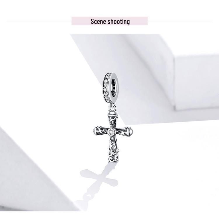 S925 Silver Vine Cross Pendant - European & American Style, Retro Pattern DIY Jewelry Accessory (BSC313)