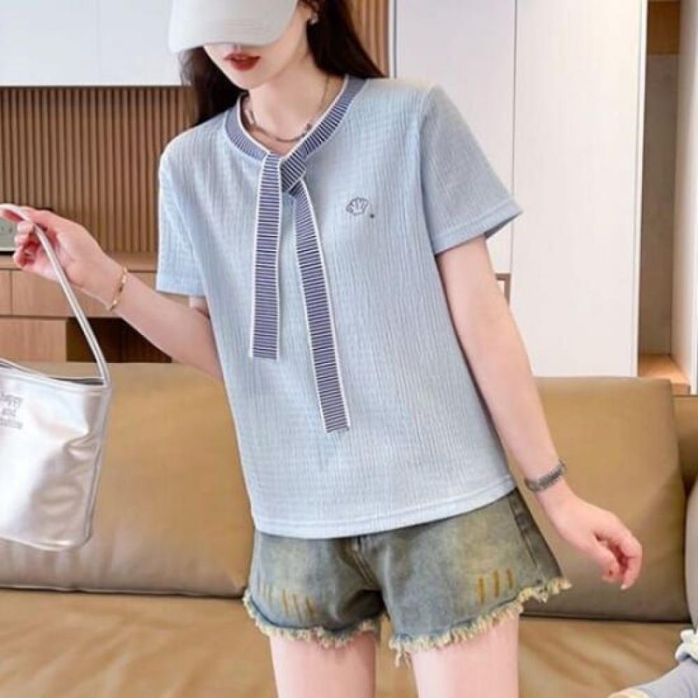 Navava Women Seersucker STripe Ribbon Neck ShorT Sleeve T shirT nT2728