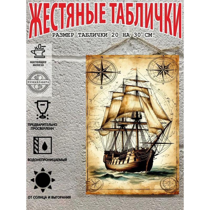 Vintage Sailing Ship Nautical Map Metal Wall Art Decor 20x30cm