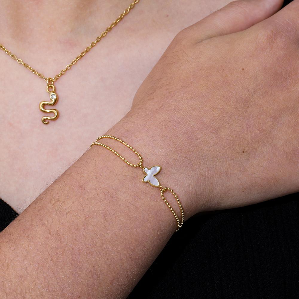 Fenny No Fade Dainty Fashion Double Layer Bead Chain Butterfly Pendant Bracelet for Women Stainless Steel Jewelry
