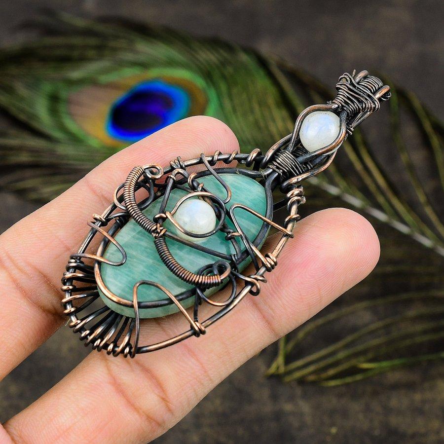 Natural Amazonite, Moonstone Gemstone Copper Wire Wrap Pendant 3.31" i2h52