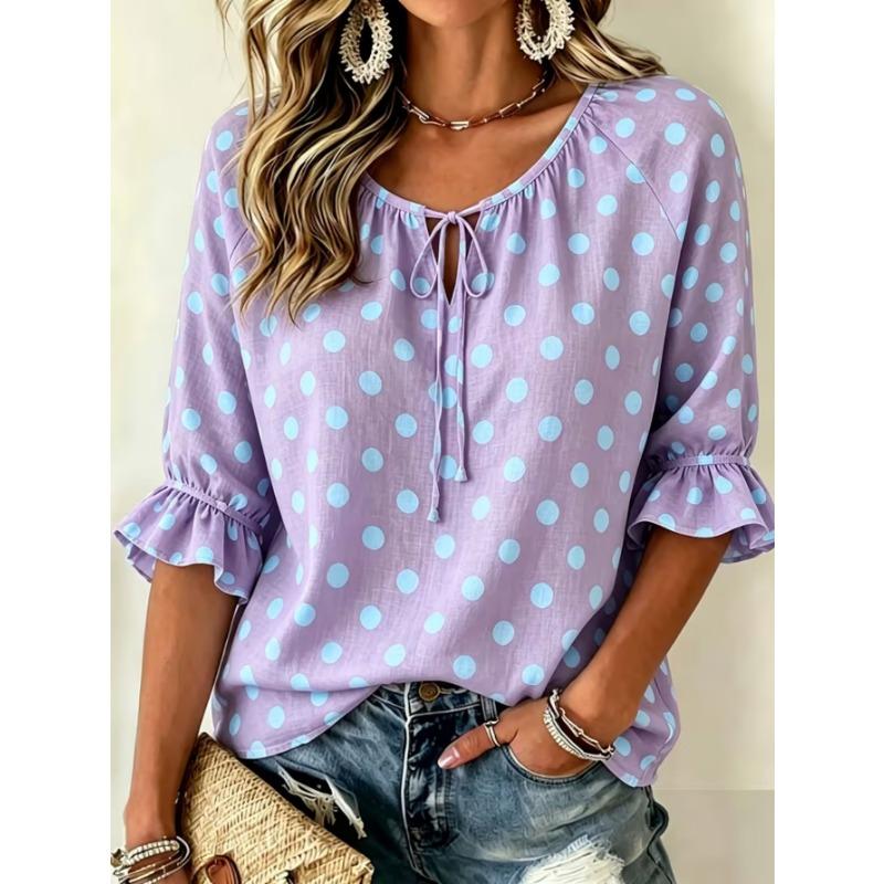 Women's elegant printed lace-up flared top, stylish and versatile, comfortable and skin-friendly