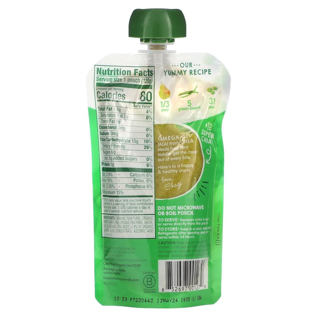 Happy Family Organics Happytot, Superfoods, Organic Pears, Peas, Peas + Super Chia, 4.22 Oz (120 G)