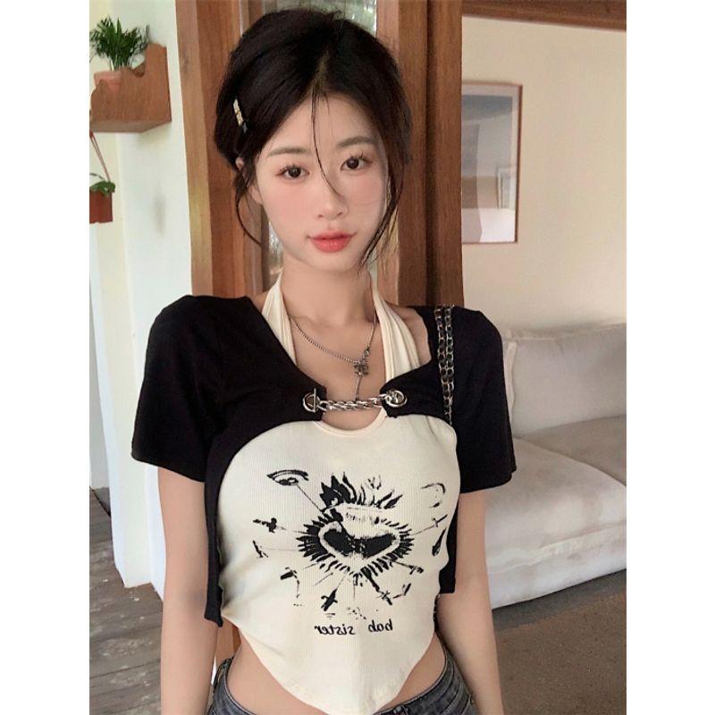 

Модный стиль Джаз танец Холтер жилет Футболка с коротким рукавом Женский Y2g Стиль Миллениума Сексуальные короткие топы Платье-бандаж Костюм из двух частей Black apricot [short sleeve Two-piece set]] XL