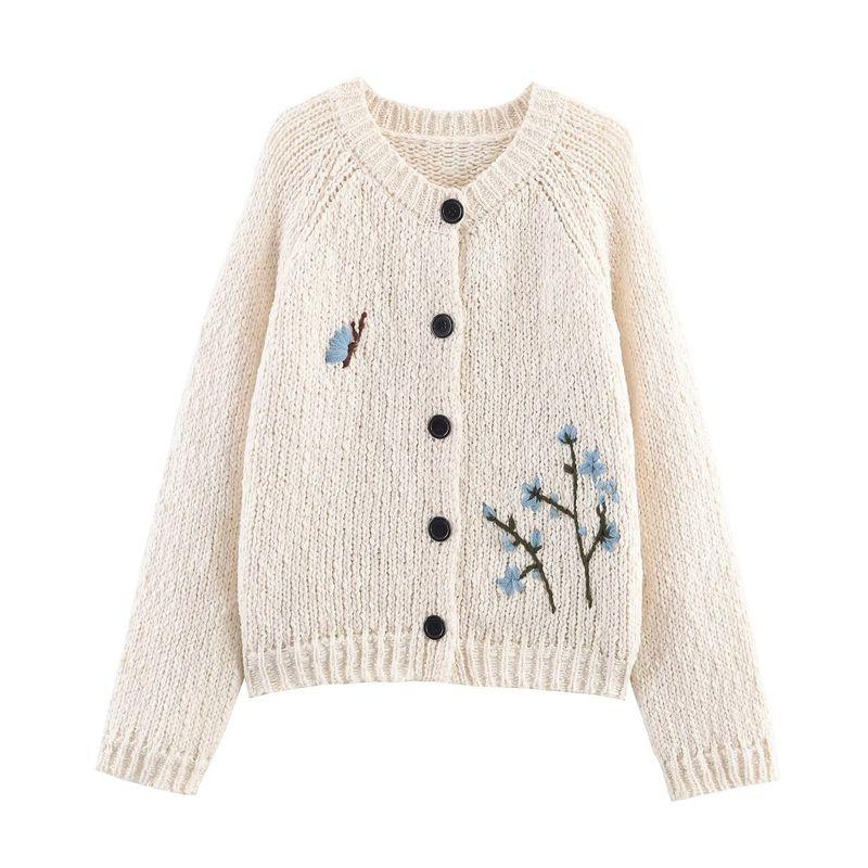 Kaslead New Women clothes Western Style Fashion Simple and Versatile Handmade Embroidery Knit cardigan Outerwear