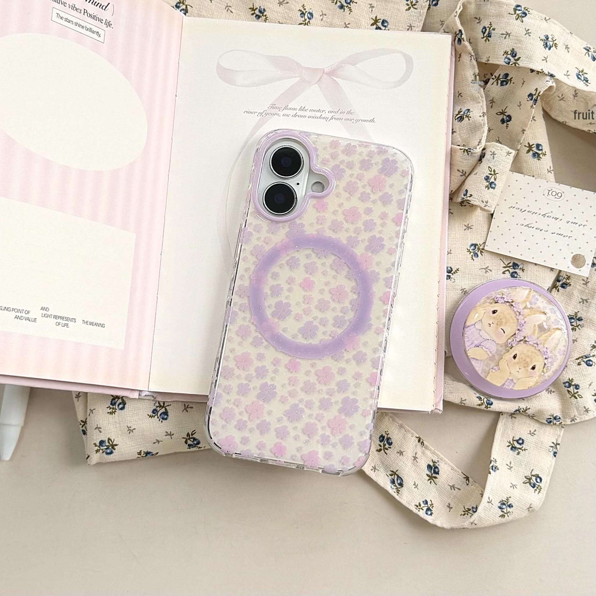 

Purple Floral Bunny Magnetic Phone Case with Stand for iPhone 16/15/14/17 Pro Max iPhone 15