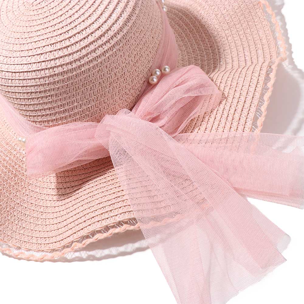 Spring Summer Lace Pearls Straw Hat French Style Women's Sun Hat Bow Ribbon Straw Hat  Girls