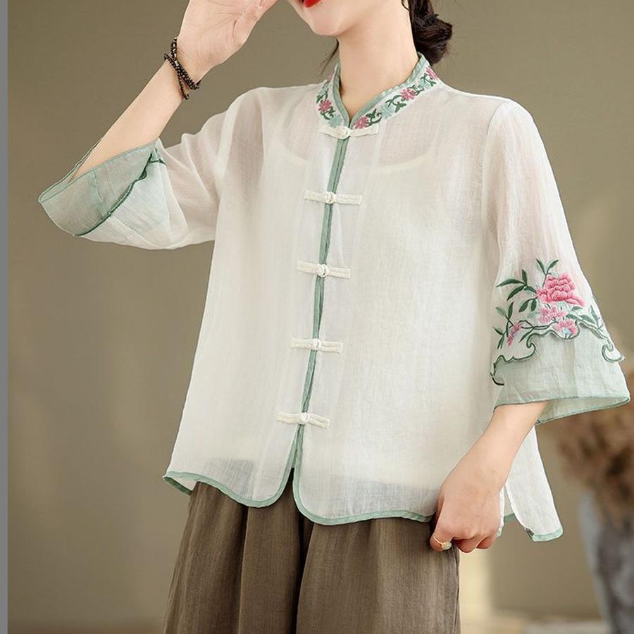 New Cotton Linen Summer Retro Ethnic Embroidery Stand Collar Shirt Women Vintage Button Patchwork Seven-Seventh Sleeve Top Loose Fit