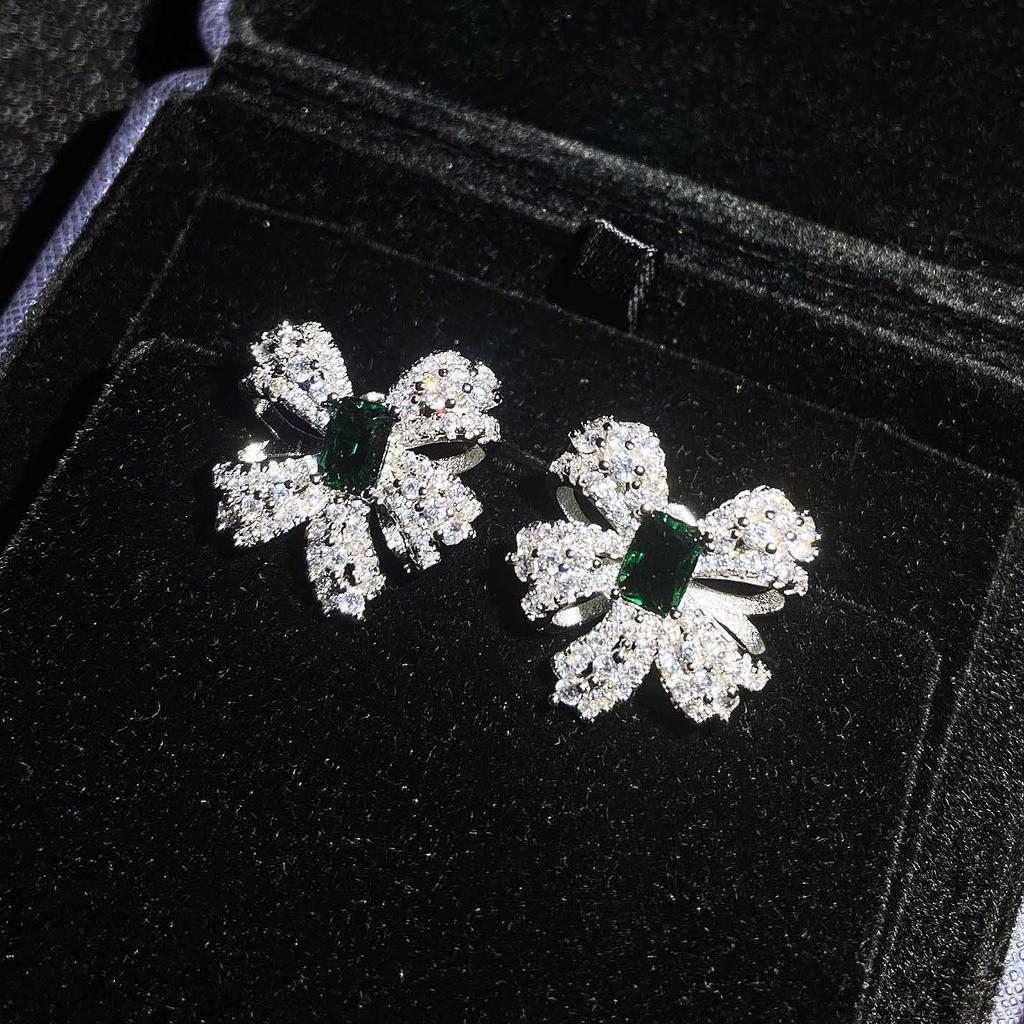 Xiaohongshu Recommends High Jewelry Butterfly Set Imitation Natural Emerald Bow Necklace Ring Stud Earrings