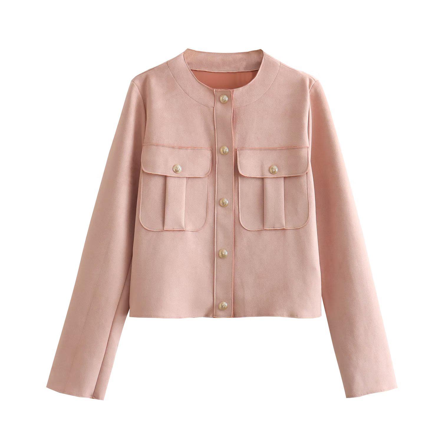 

2023 Осень Женская розовая куртка из замши с круглым вырезом M