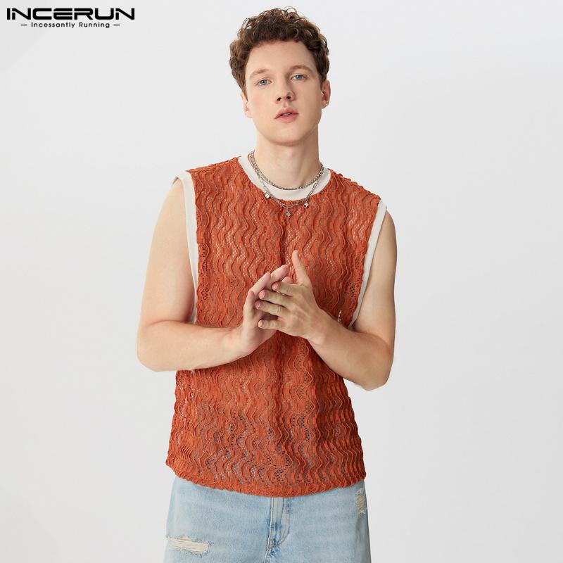 INCERUN Men Mesh Fishnet Sleeveless Tank Tops Lace Patchwork Summer Vest
