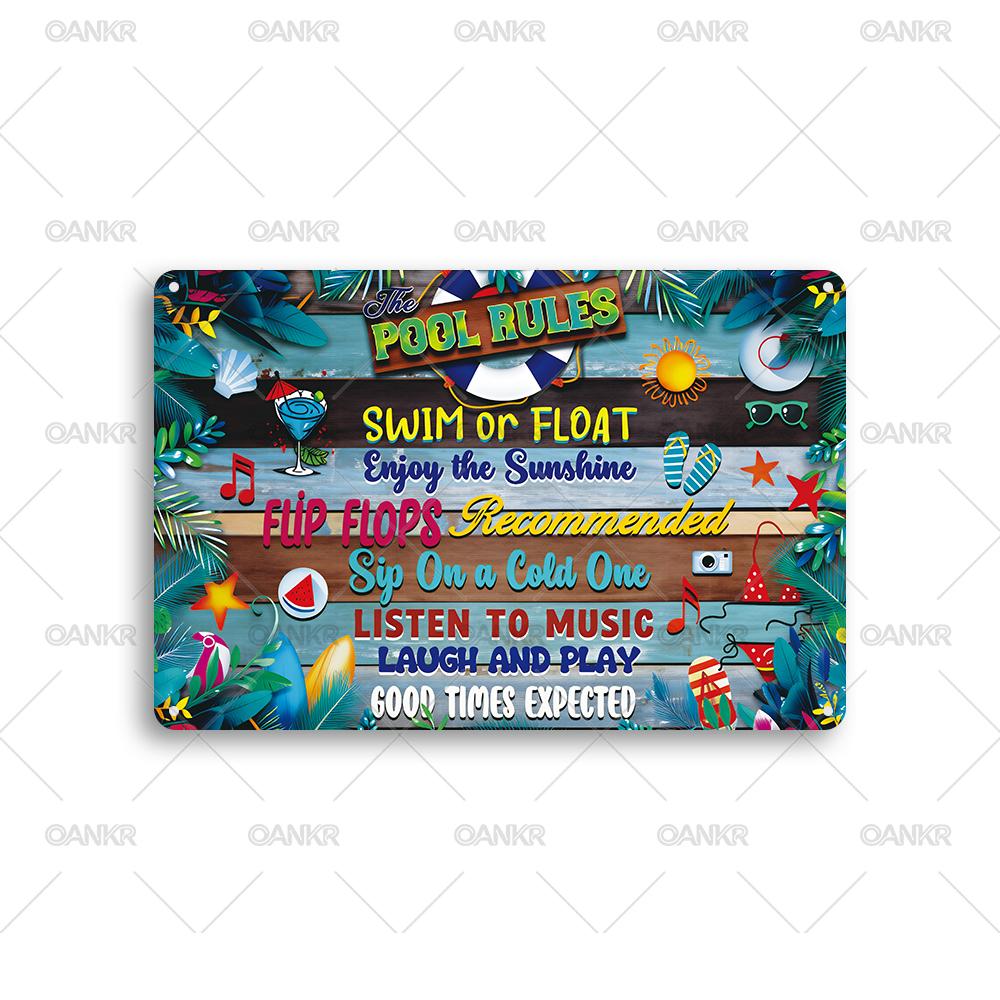 Vintage Tropical Pool Rules Poster Metal Tin Sign Swimming Pool Art Posters Metal Signs for Bar Home Wall Decor Plaque 20x30cm（7.8x11.8inch）