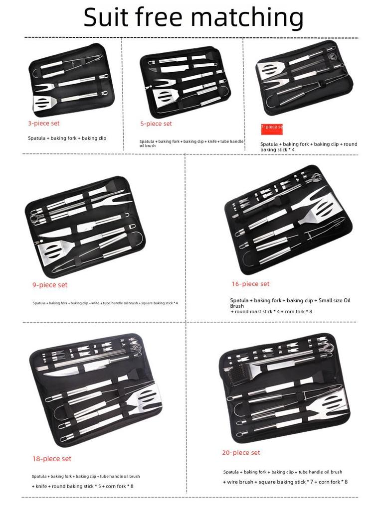 Portable 9-Piece Stainless Steel BBQ Grill Tool Set with Cloth Bag - Includes Fork, Shovel, and Clip for Outdoor Use