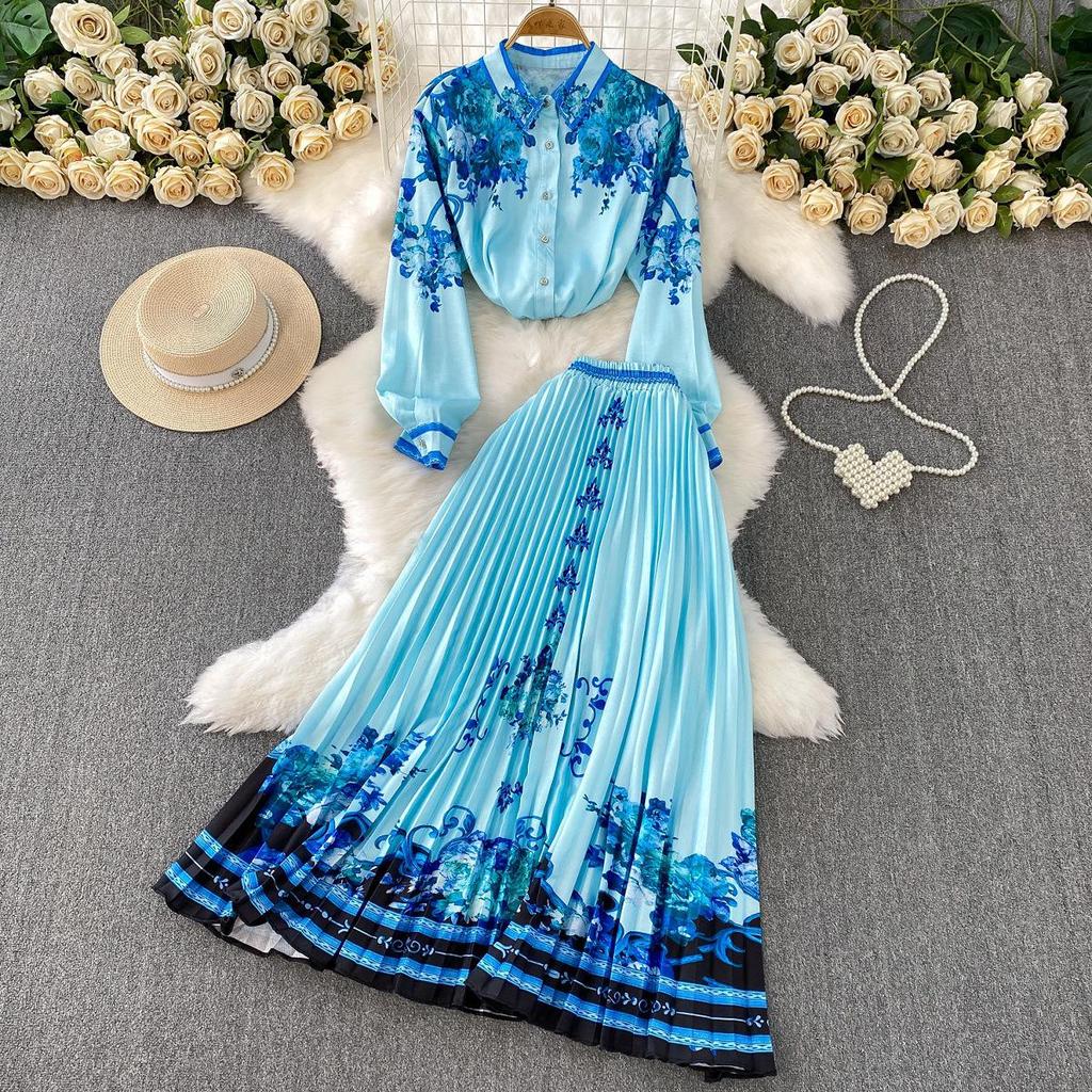 European Retro Single-Breasted Lapel Shirt & High-Waisted Pleated Skirt Set