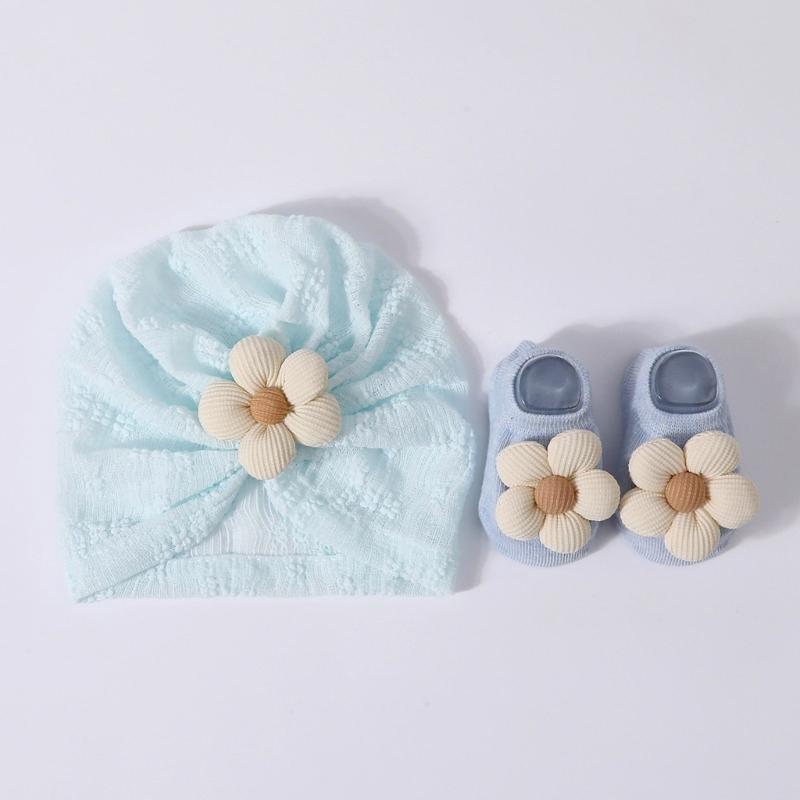 Elastic Infant Turban Hat Breathable Fetal Caps & Matching Socks Set Stylish Girls Clothing Accessories for Baby