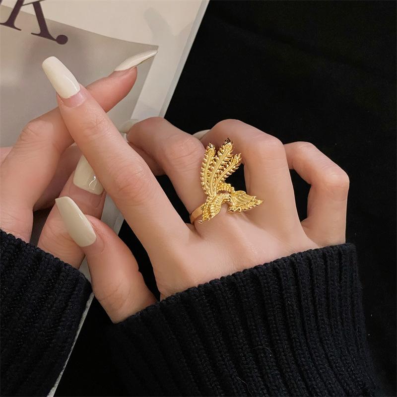 Medieval Style Flower Compass Open Ring Full Of Diamonds Zircon Court Style Retro Gold Phoenix Premium Ring
