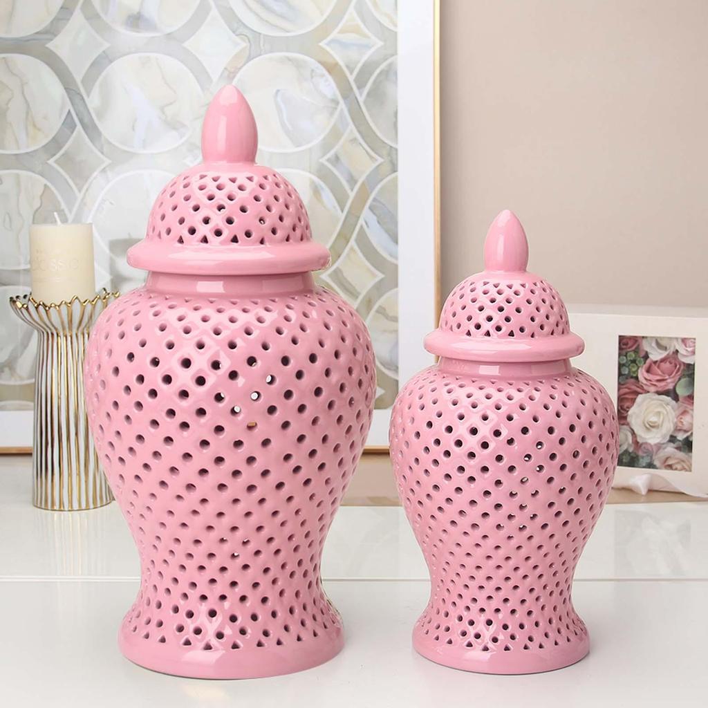 Porcelain Ginger Jar Hollow Out Temple with Lid Traditional Ceramic Vase 25cmx48cm
