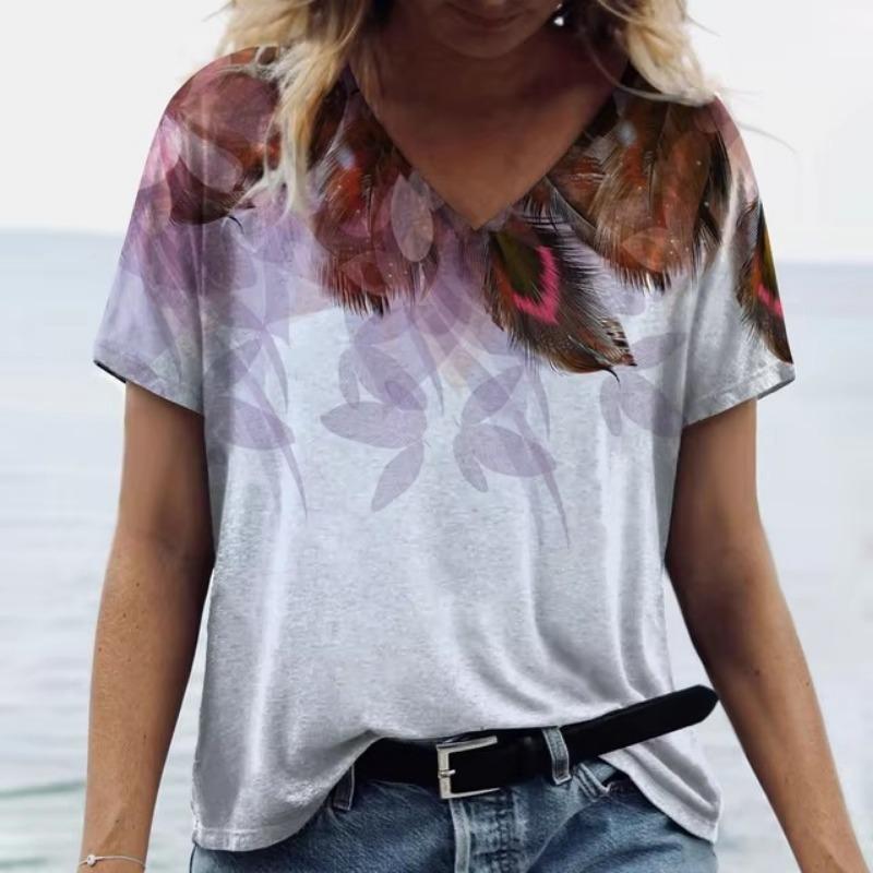 Summer V Neck Women T-Shirts 3D Print Peacock Feather Graphic Fashion Short Sleeve Harajuku Y2k Top Oversized Casual Female T Shirt