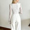 Mesh Long Sleeve Slim Fit Cropped Top Sheer See Through Midriff Lace Blouse with Tie Neck and Flared Cuffs for Women