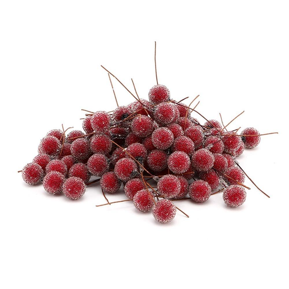 100PCS Realistics Mini Artificial Berry Decor Frosted Red Artificial Holly Berries Glass Bead Fake Berry Wedding