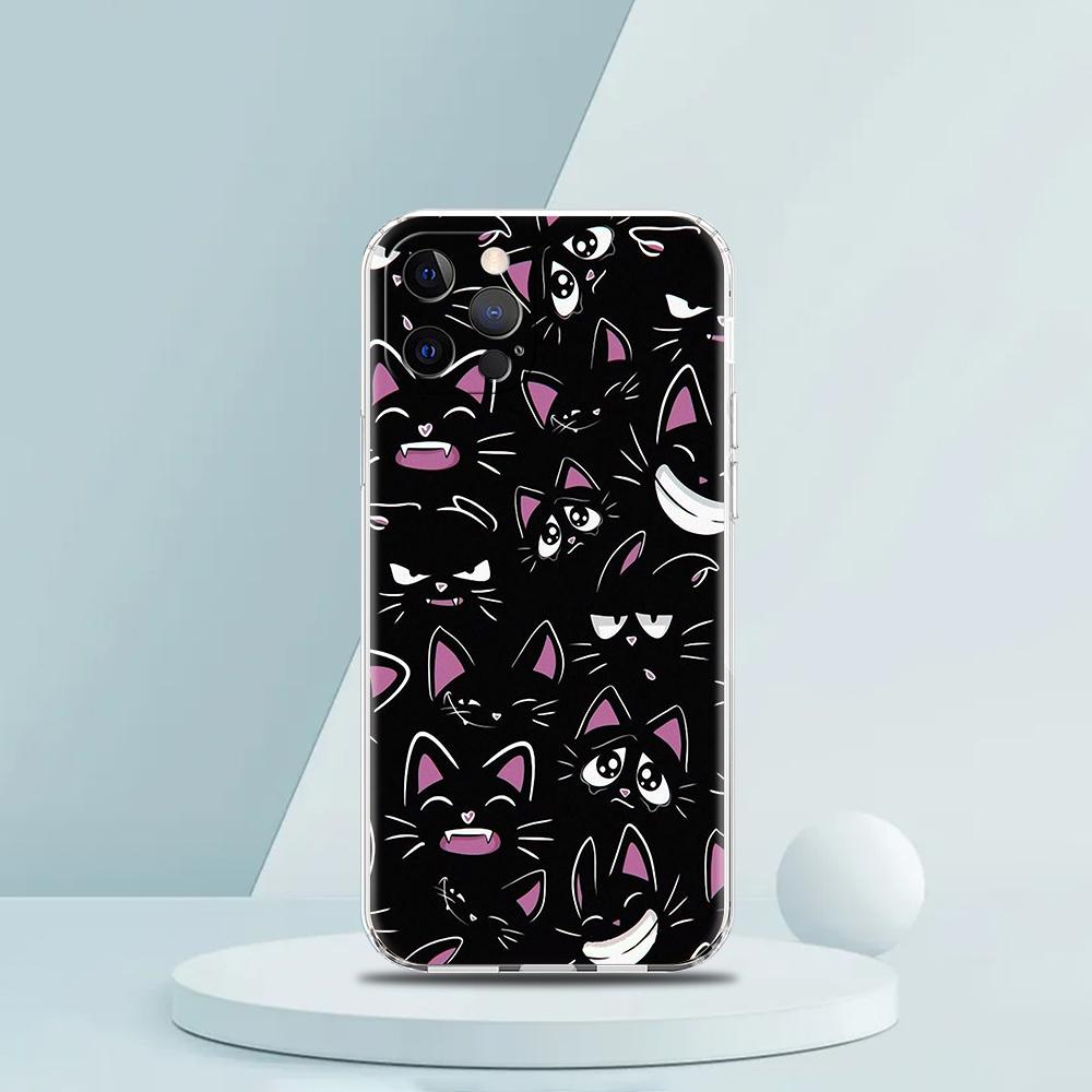 Soft TPU Transparent Phone Case Cover for iPhone 16 15 14 13 12 11 Pro Max XR 8 7 Plus Shockproof Shell Cute Cartoon Cat Pattern