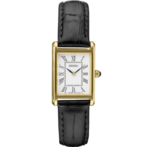 Seiko Women's Square Design Quartz Watch SWR054 with White Dial and Black Leather Band