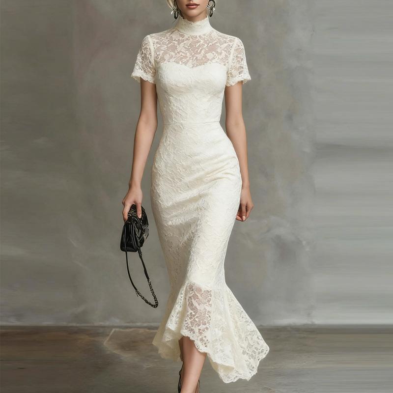 European and American Summer Short-sleeved Dress High Luxury Banquet Style High Waist Slim-fitting Lace Splicing Women's Long Dress