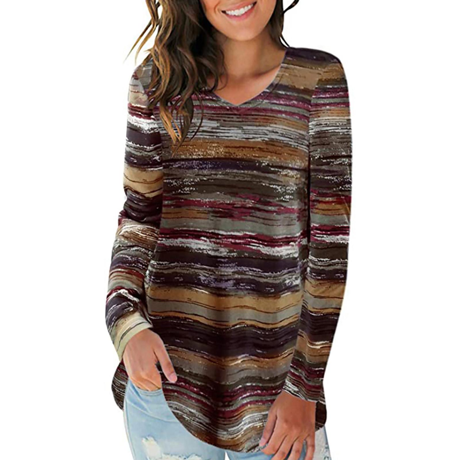 Women s Fashion Loose Casual Print V-Neck Long-Sleeved Top T-Shirt XXL кофейный