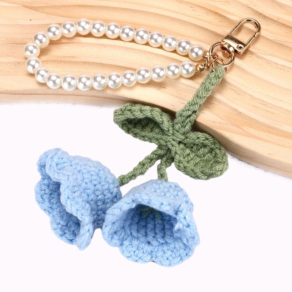 Handmade Lily of the Valley Crochet Keychain with Pearls Soft Yarn Texture Fashion Key Holder Suitable for Bags and Keys
