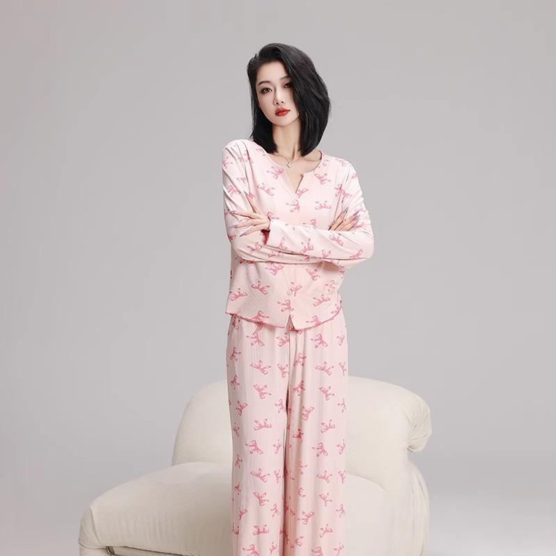 

Spring and autumn women s pajamas new pullover simple long-sleeved trousers two-piece set can be worn outside loungewear spot M recommends 40-50kg wear