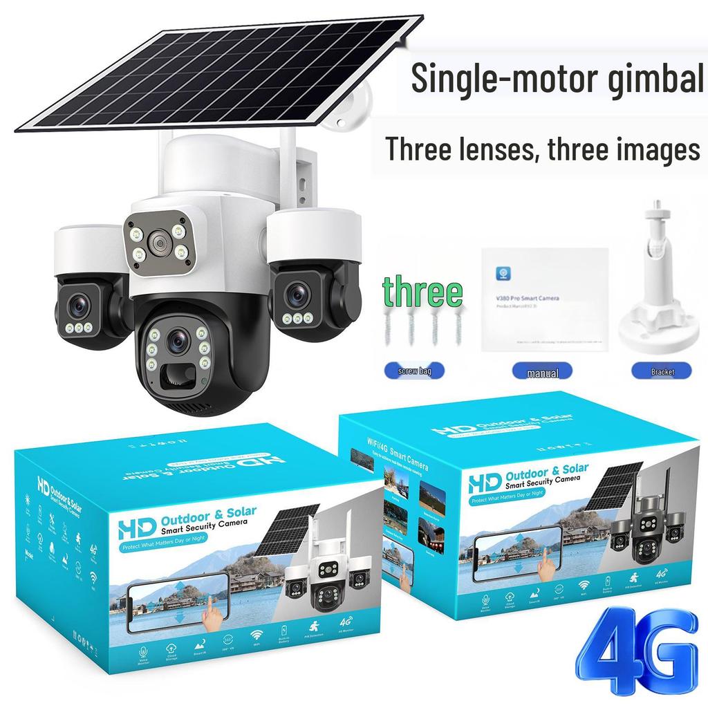 V380 Solar-Powered 4G Outdoor Camera with Triple Lens and Gimbal Rotation