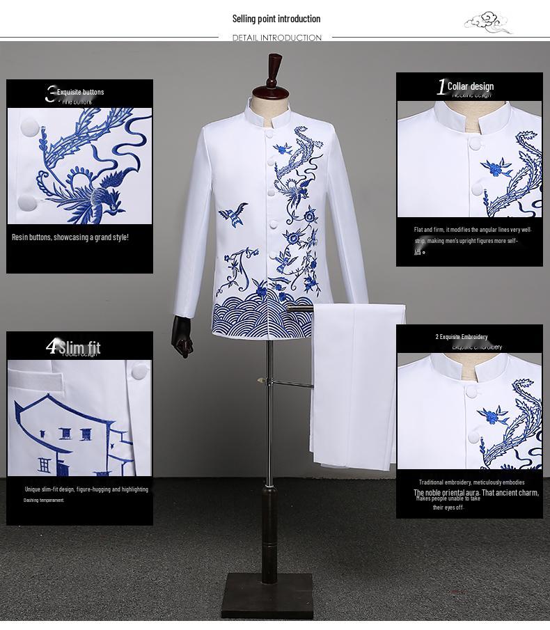 Men's Blue & White Porcelain Zhongshan Suit with Stand-up Collar & Embroidery for Performances