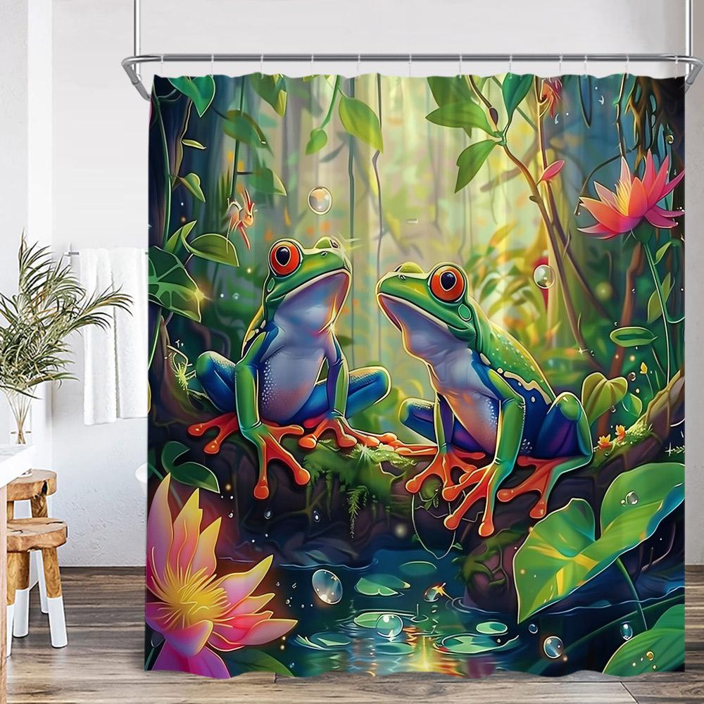 

Frog Shower Curtain Summer Rainforest Tropical Forest Animal Flowers Nature Bathroom Decor Natural Bath Curtain with Hooks 90x180cm-35x70in