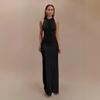 Women's Clothing European and American Style Sexy Babes Autumn and Winter New Sleeveless Pleated Temperament Solid Color Long Dress