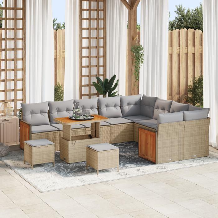 Canapés de Jardin 12 Pièces avec Coussins Beige en Rotin Poly Acacia, Salle à Manger de Jardin 3 Pièces avec Coussins Beige 3365297